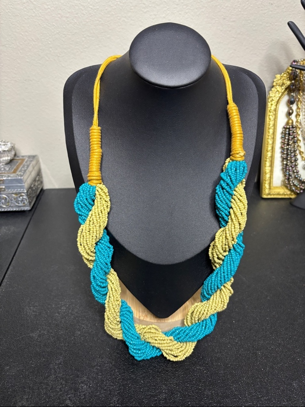 Tanjore India Multi-Strand Beaded Twisted Cord Necklace Statement Boho